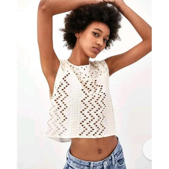 Zara Tops - Zara Guipure Embroidery Crop Blouse Lace Short Sleeve Crewneck Size Small